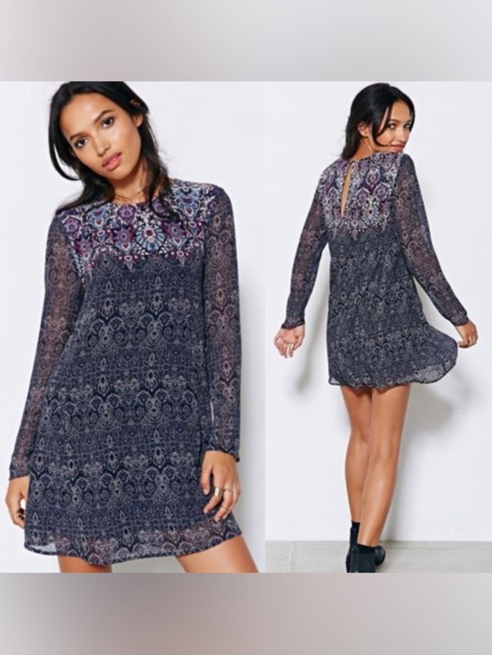 Ecote by Urban Outfitters printed long-sleeve swing mini dress size S